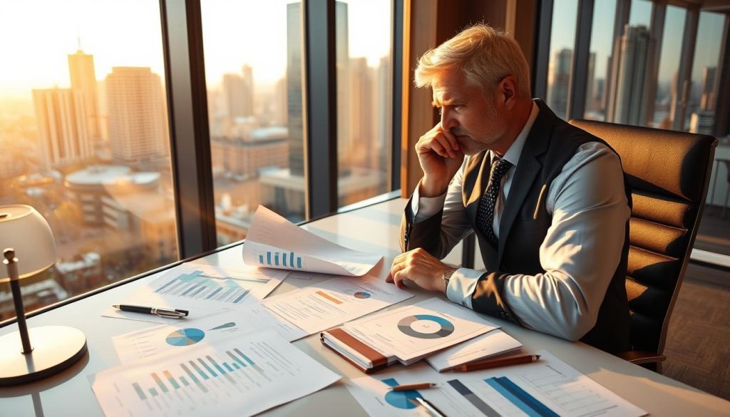 A financial advisor sitting at a sleek desk, deep in thought, surrounded by charts, graphs, and paperwork depicting various tax optimization strategies. The scene is bathed in warm, golden light from a large window, creating a sense of focus and clarity. In the background, a cityscape with towering skyscrapers hints at the high-income earner clientele. The advisor's expression conveys expertise and diligence, as they meticulously review options to minimize the tax burden for their clients.
