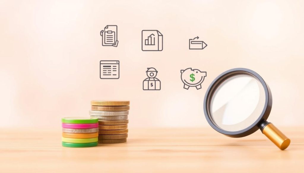 A stylized illustration of budgeting tips, set against a warm, pastel-tinted background. In the foreground, a stack of colorful coins and a magnifying glass, conveying the idea of careful financial analysis. In the middle ground, simple yet impactful icons representing key budgeting strategies, such as categorizing expenses, tracking spending, and setting savings goals. The background is softly blurred, adding a sense of focus and clarity to the central elements. The overall mood is one of organization, mindfulness, and a deliberate approach to personal finance, reflecting the "Smart Ways to Grow Your Savings Through Effective Budgeting" theme. A stylized illustration of budgeting tips, set against a warm, pastel-tinted background. In the foreground, a stack of colorful coins and a magnifying glass, conveying the idea of careful financial analysis. In the middle ground, simple yet impactful icons representing key budgeting strategies, such as categorizing expenses, tracking spending, and setting savings goals. The background is softly blurred, adding a sense of focus and clarity to the central elements. The overall mood is one of organization, mindfulness, and a deliberate approach to personal finance, reflecting the "Smart Ways to Grow Your Savings Through Effective Budgeting" theme.