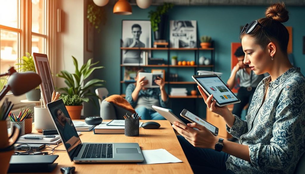 A vibrant and dynamic scene showcasing a variety of profitable side hustles. In the foreground, a freelance graphic designer works on a sleek laptop, surrounded by a neatly organized workspace with an array of design tools. In the middle ground, an online reseller meticulously photographs and lists vintage items on a sleek e-commerce platform. In the background, a person conducts market research on a tablet, exploring opportunities for a new small business venture. The lighting is warm and natural, with a touch of cinematic flair, creating an atmosphere of productivity, entrepreneurship, and financial empowerment. A vibrant and dynamic scene showcasing a variety of profitable side hustles. In the foreground, a freelance graphic designer works on a sleek laptop, surrounded by a neatly organized workspace with an array of design tools. In the middle ground, an online reseller meticulously photographs and lists vintage items on a sleek e-commerce platform. In the background, a person conducts market research on a tablet, exploring opportunities for a new small business venture. The lighting is warm and natural, with a touch of cinematic flair, creating an atmosphere of productivity, entrepreneurship, and financial empowerment.