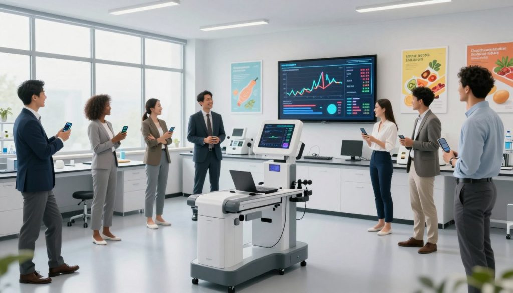 A modern, high-tech laboratory setting, featuring a stylish metabolic assessment machine at the forefront, attended by a diverse group of individuals in professional business attire, joyfully interacting with health monitors and fitness gadgets. The middle ground showcases a sleek digital display with vibrant graphs and metrics illustrating metabolic rates and muscle mass correlation. The background features colorful posters on metabolism and nutrition, with large windows letting in soft, natural light that creates an uplifting atmosphere. Use a wide-angle lens perspective to enhance the scene's spaciousness, ensuring a bright, clean environment. The overall mood should be one of motivation and scientific curiosity, inviting exploration into the fascinating relationship between metabolism and muscle health.