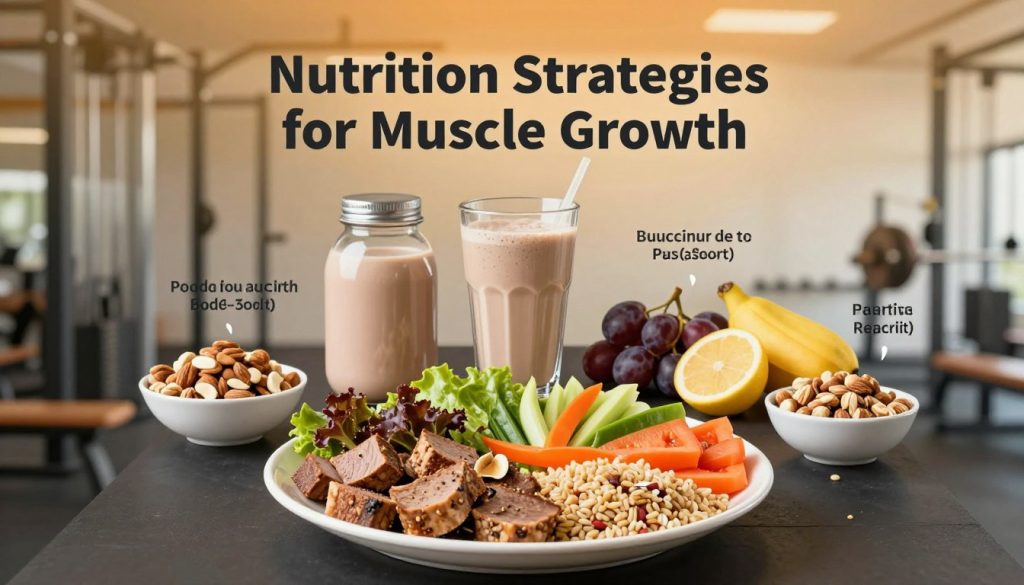 A visually engaging infographic illustrating "Nutrition Strategies for Muscle Growth," featuring a balanced meal plate in the foreground with lean proteins, whole grains, and vibrant vegetables artfully arranged. In the middle ground, display a protein shake and various healthy snacks like nuts and fruits, emphasizing portion sizes and nutrient density. The background should be a softly lit gym setting, showcasing fitness equipment and a subtle gradient to enhance focus on the nutrition elements. Use warm, inviting lighting to convey a motivational atmosphere. The image should have a clean composition with a slight depth of field for professional appeal, emphasizing the connection between nutrition and muscle development. No text or branding elements should be included.
